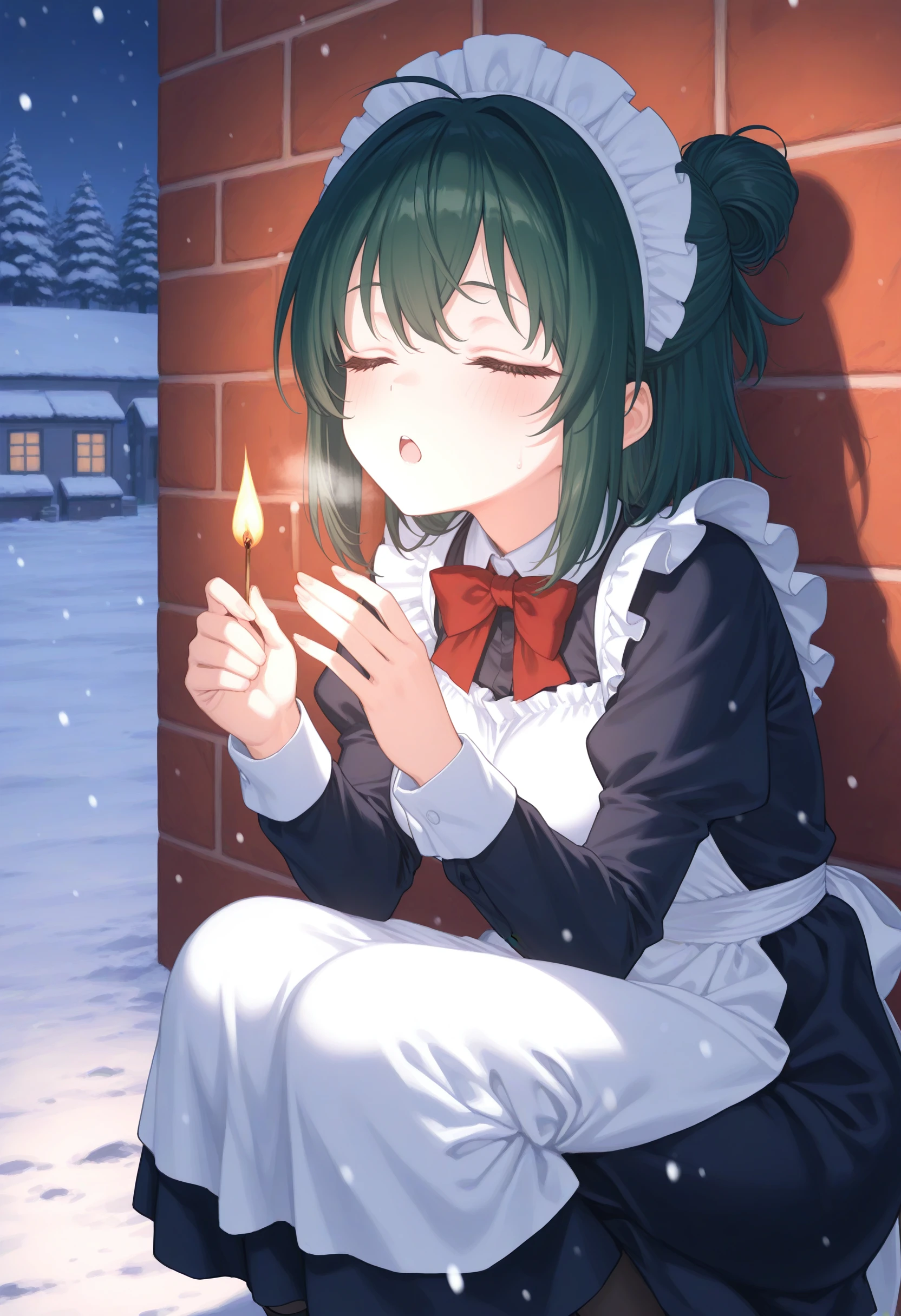 1girl,(sho \(sho lwlw\):0.7),(toosaka asagi:0.5),(sincos:0.3),solo,
masterpiece, best quality, newest, absurdres, CG, anime, source anime, illustration,
maid, maid headdress,medium breasts,
matches ,fire,outdoors, snowing, cold ,snow, winter,night, squatting,  long sleeves, breath ,<lora:matches_Illust_v1:0.8>
dutch angle, upper body, looking up, green hair, green eyes,closed eyes, underground parking lot, open mouth, topknot hair,