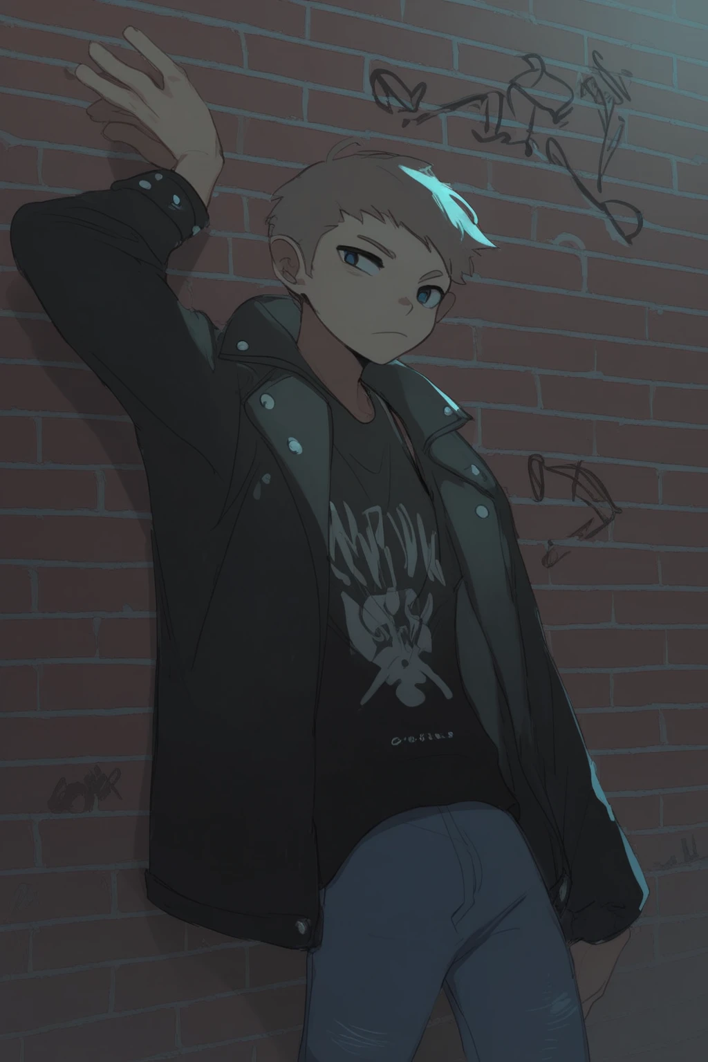 score_9, score_8_up, score_7_up, suikaelsiStyle, 1teen boy, black leather jacket, dark jeans, leaning against brick wall, cool expression, urban alley, graffiti, neon lights