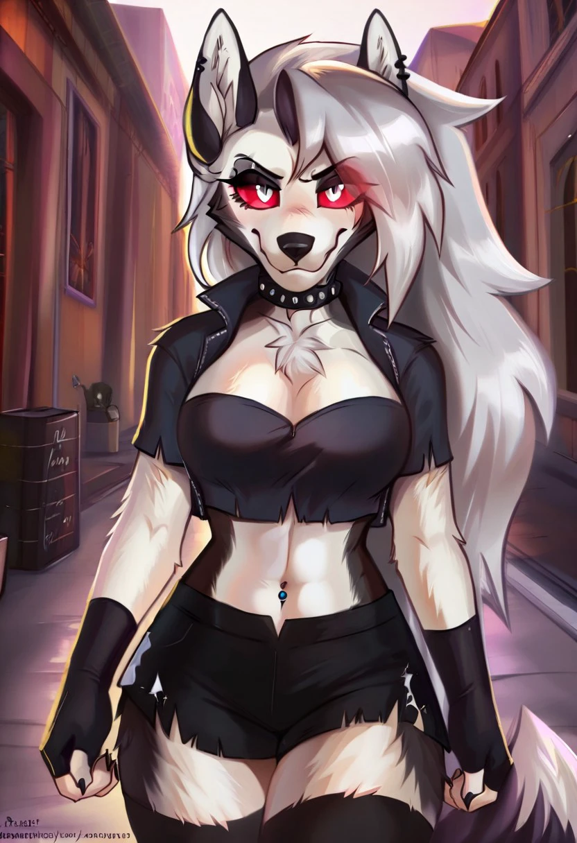 best quality, masterpiece, Felicia_CatStyle-IL-V1.0, LoonaIllustriousV1Hellhound, furry female, white fur, goth, goth girl, colored sclera, red sclera, white pupil, animal ears, red eyesm fingerless gloves, piercing, collar,