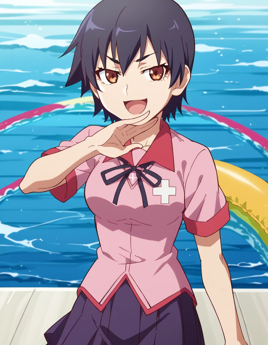 score_9, score_8_up, score_7_up, source_anime, <lora:suruga-kanbaru-offmonster-ponyxl-lora-nochekaiser:1>, suruga kanbaru, kanbaru suruga, short hair, black hair, brown eyes, medium breasts, anime screencap, skirt, school uniform, naoetsu high school uniform, pink shirt, collared shirt, purple skirt, pleated skirt, ribbon,, pool, water, lifeguard, swim lane, float, smile, <lora:ojou-sama-pose-ponyxl-lora-nochekaiser:1>, ojou-sama pose, laughing, smug, hand to own mouth, open mouth,, looking at viewer, solo,, dutch angle, cowboy shot