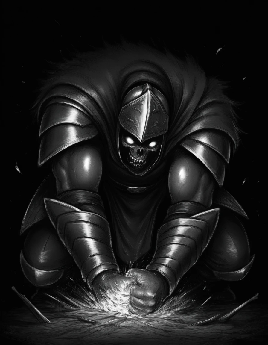 mm-style, monochrome, black background, (Brutal, violently, crushing, the iron-fisted warrior smashes their opponent with raw strength, each hit landing with bone-shattering force., Resilient, steadfastly, enduring, the unyielding guardian stands unmovable, their armor absorbing blow after blow, protecting their allies from harm.),horror, dark fantasy, full body, <lora:Monochrome_Monsters_IllustriousXL:0.3>