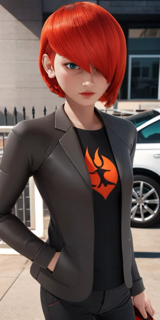 Hyperrealistic, photorealistic, super detailed, dark gray jacket with a folded collar, red orange t-shirt with a black logo under jacket, (1boy), skin colored lips, face length red-orange hair, long bangs that are brushed to the left side of his face, turquoise eyes, body like in real life, large pores, fairly short, unreal engine, octane render, droped shadow, bokeh, cinematic lighting, <lora:add_detail:0.5>, <lora:Volumetric_lighting:0.6>, Nathaniel Kurtzberg, , <lora:e43a4728-1103-40e5-b9a0-088f7dd6a72b:0.7>