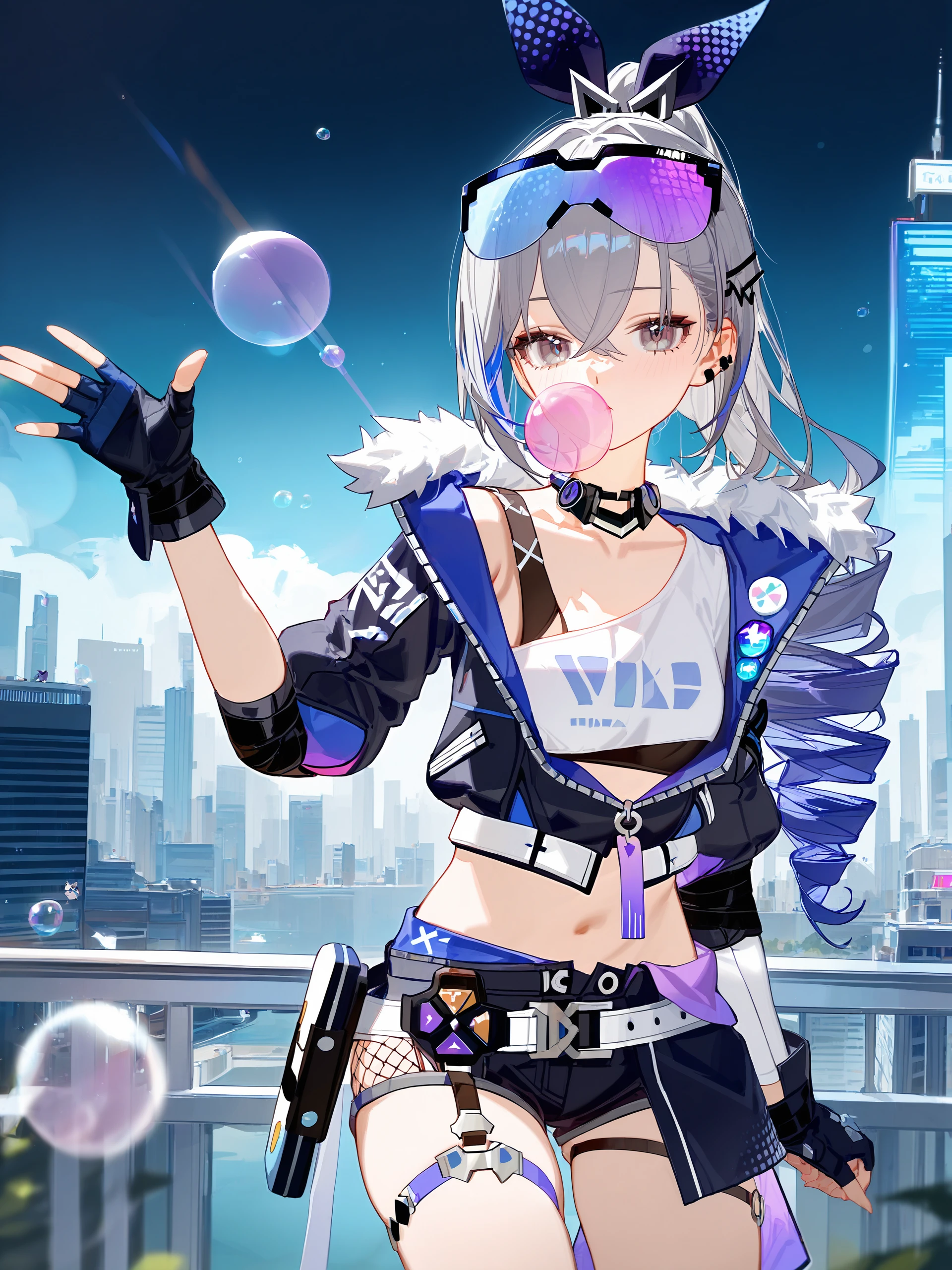 1girl, silver wolf \(honkai: star rail\), cropped jacket, fingerless gloves, black shorts, eyewear on head, sunglasses, thigh strap, hair ribbon, hairclip, crop top, choker, drill ponytail, standing, waving, cowboy shot, cityscape, depth of field, looking at viewer, bubble blowing <lora:Char-HonkaiSR-SilverWolf-V4-SDXL:0.9>, illustration, incredibly absurdres, ultra detailed, masterpiece, best quality, perfect features, intricate details, ray tracing, very aesthetic, (hitenkei, askzy:0.4), [<lora:XL-detailed_notrigger:0.95>::0.5], [:<lora:XL-aesthetic_anime:1>:0.5],