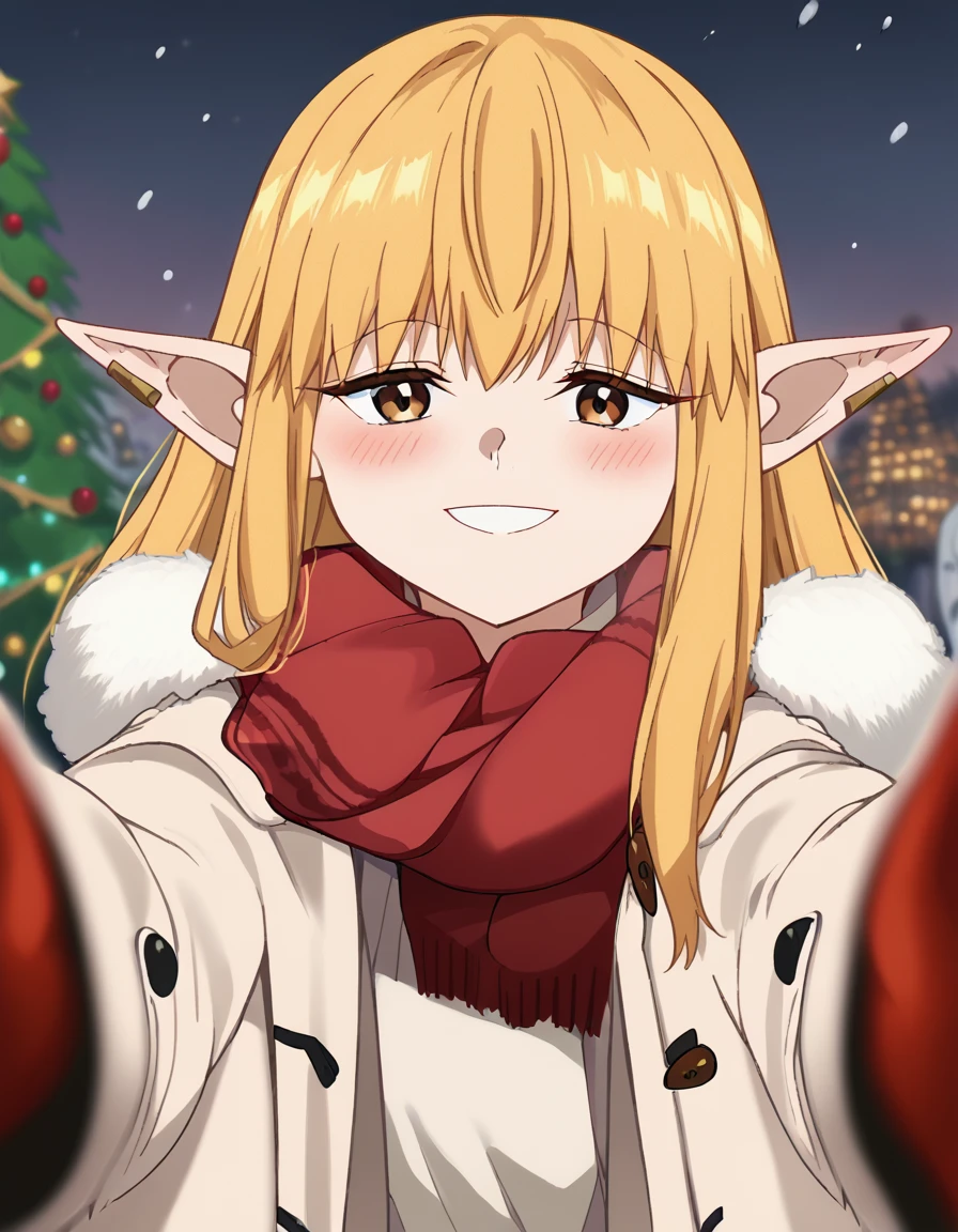 score_9, score_8_up, score_7_up, source_anime, <lora:serie-s1-ponyxl-lora-nochekaiser:1>, serie, long hair, bangs, blonde hair, brown eyes, pointy ears, elf, anime screencap, <lora:pov-cheek-warming-ponyxl-lora-nochekaiser:1>, pov cheek warming, pov cheek warming (meme), winter gloves, duffel coat, fur-trimmed scarf, winter clothes, red mittens, meme, winter coat, red scarf, fur-trimmed coat, reaching towards viewer, reaching, mittens, fur-trimmed hood, white coat, open coat, scarf, coat, red gloves, snowing, pov, fur trim, depth of field, smile, blush,, christmas, christmas tree, christmas lights,, , dutch angle, cowboy shot