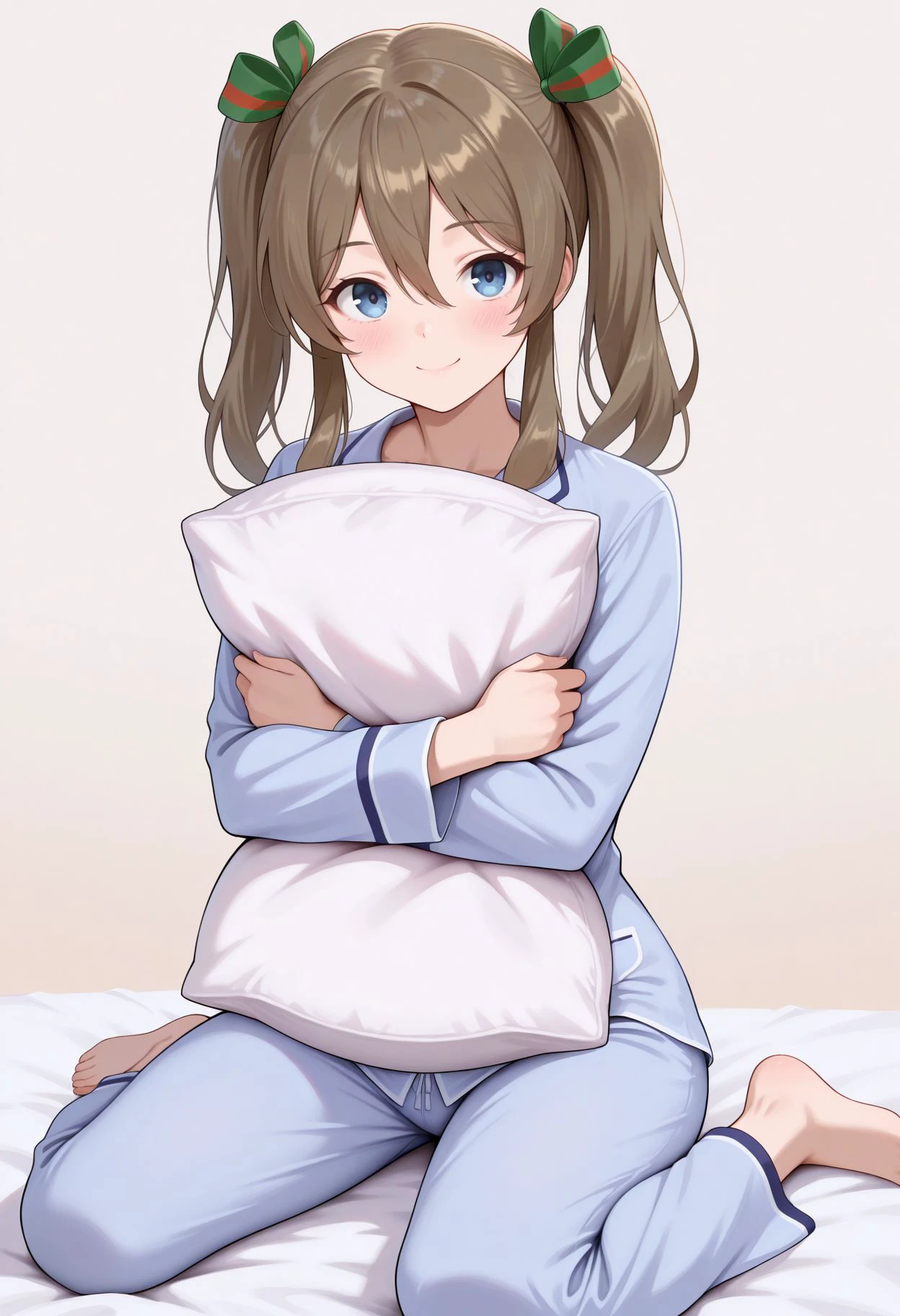 masterpiece, best quality, amazing quality, very aesthetic, absurdres,  looking the viewer,
 <lora:Wendy:1> akwendy, brown hair, 1girl, twintails, long hair, blue eyes,, hair ribbon, hair between eyes,  barefoot, pillow hug, hugging object, pajamas, smile, sitting, wariza, blush, simple background, (object), looking at viewer