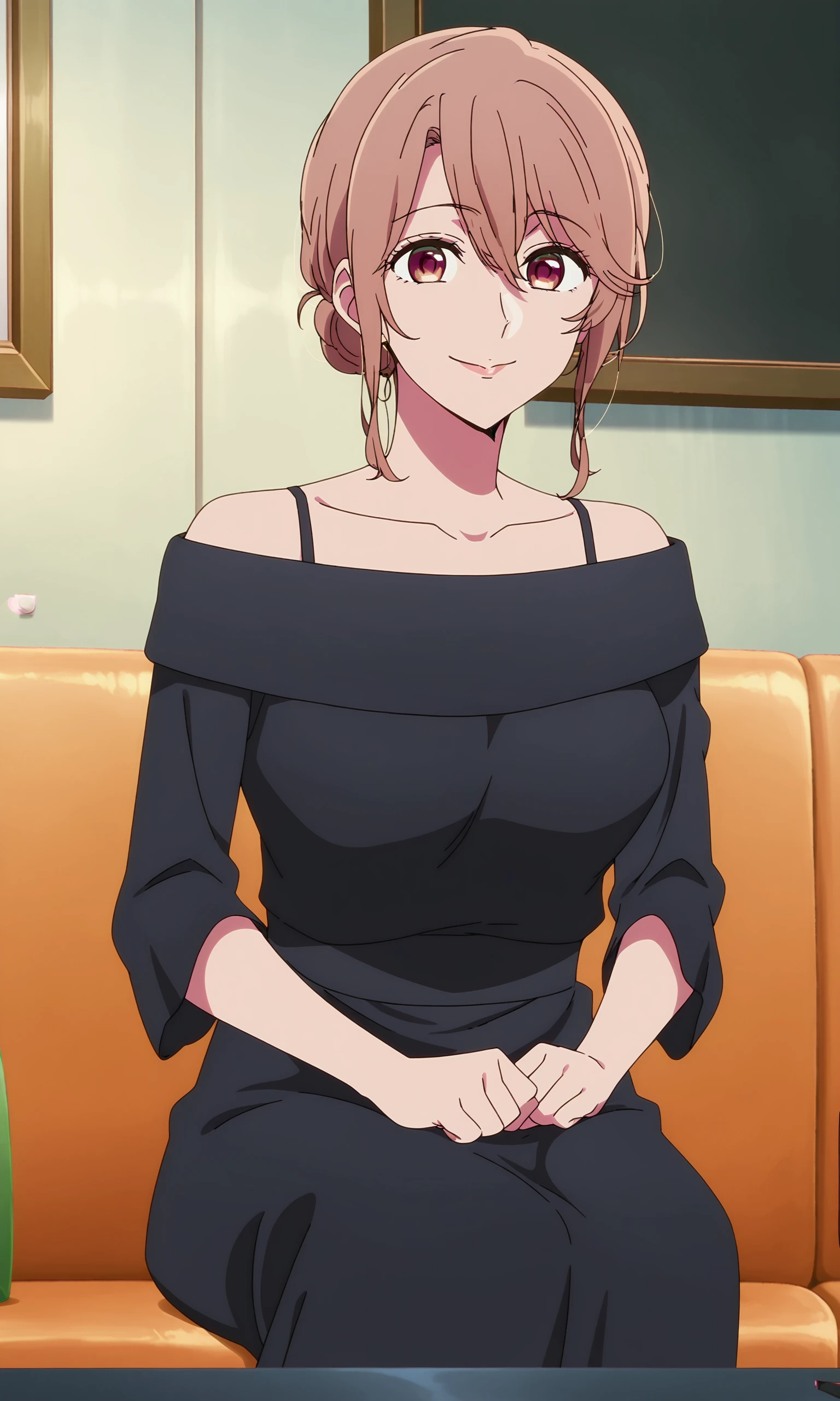 anime coloring, anime screencap, masterpiece, best quality, amazing quality, detailed face,
in a living room,
<lora:Miyako_Saitou_Oshi_No_Ko_-_Illustrious_r1:1>1girl, solo, dress, sitting, brown hair, hair bun, single hair bun, black dress, couch, smile, collarbone, mature female, off shoulder, bare shoulders, closed mouth, off-shoulder dress, solo focus, sidelocks, hair between eyes, looking at the viewer, :D, mouth open