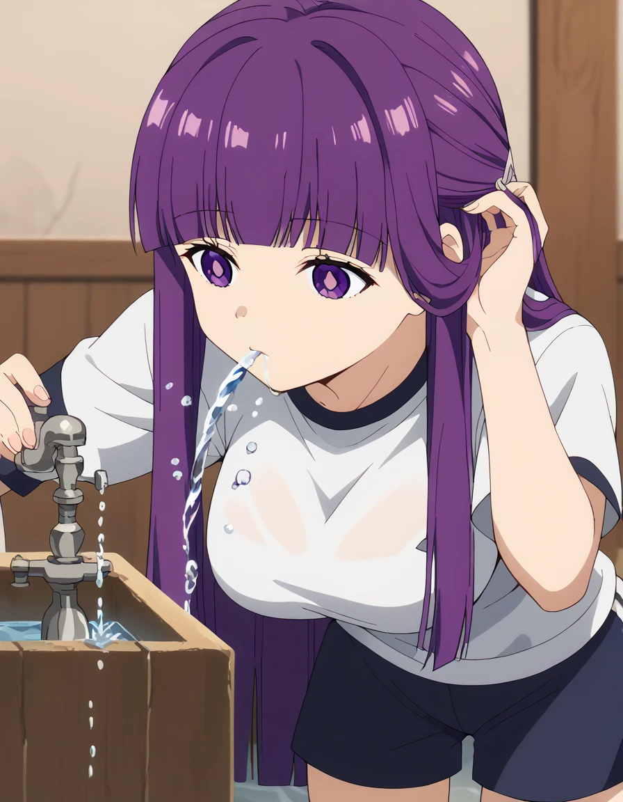 score_9, score_8_up, score_7_up, source_anime, <lora:fern-s1-v2-ponyxl-lora-nochekaiser:1>, fern, long hair, bangs, purple eyes, purple hair, sidelocks, blunt bangs, bright pupils, half updo, large breasts, anime screencap, <lora:drinking-fountain-ponyxl-lora-nochekaiser:1>, drinking fountain, faucet, drinking, fountain, water, water drop,, gym uniform, gym shirt, gym shorts, bent, leaning forward, <lora:tucking-hair-ponyxl-lora-nochekaiser:1>, tucking hair, adjusting hair, hand on own hair, hair behind ear,, cowboy shot,, , dutch angle, cowboy shot