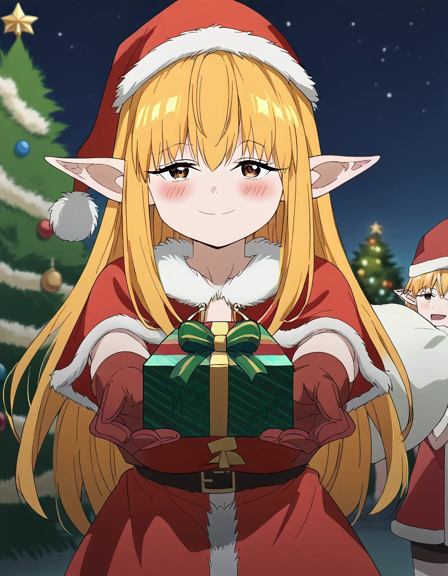 score_9, score_8_up, score_7_up, source_anime, <lora:serie-s1-ponyxl-lora-nochekaiser:1>, serie, long hair, bangs, blonde hair, brown eyes, pointy ears, elf, anime screencap, <lora:santa-costume-ponyxl-lora-nochekaiser:1>, santa costume, santa hat, christmas, sack, merry christmas, gift, fur-trimmed headwear, holding sack, santa dress, fur-trimmed dress, christmas tree, christmas tree, fur trim, red capelet, gift box, red gloves, fur-trimmed capelet, santa gloves, red hat, hat,, smile, blush, looking at viewer, <lora:incoming-gift-ponyxl-lora-nochekaiser:1>, incoming gift, outstretched arms, holding, holding gift, gift, gift box,, , dutch angle, cowboy shot