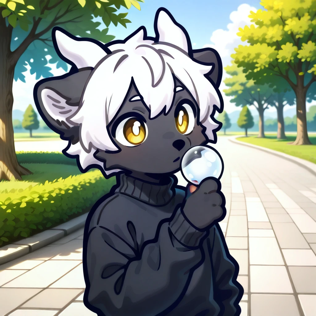 (2024, very aesthetic, newest, best quality, masterpiece,),
black fur, furry, dragon, black sweater, yellow eyes, white horns, white hair, park, park background, 1boy, solo, male, holding bubble tea
mikus-fir, upper body