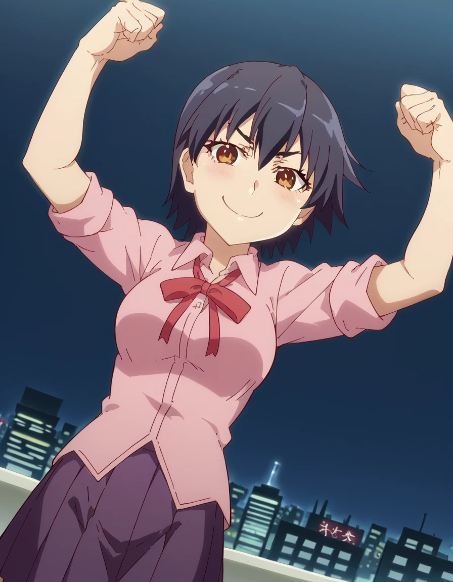 score_9, score_8_up, score_7_up, source_anime, <lora:suruga-kanbaru-offmonster-ponyxl-lora-nochekaiser:1>, suruga kanbaru, kanbaru suruga, short hair, black hair, brown eyes, medium breasts, anime screencap, skirt, school uniform, naoetsu high school uniform, pink shirt, collared shirt, purple skirt, pleated skirt, ribbon,, city skyline, rooftop view, night time, city lights, quiet reflection, , <lora:colombia-pose-ponyxl-lora-nochekaiser:1> colombia pose, colombia pose (meme), meme, raised fists, victory pose, arms up, smile, smug,, blush, cowboy shot,, looking at viewer, solo,, dutch angle, cowboy shot