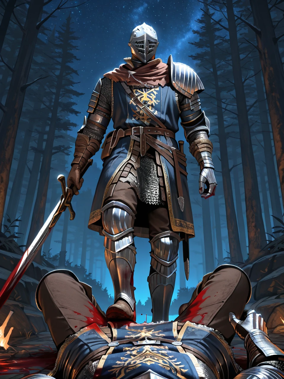 highres, masterpiece, best quality, cinematic lighting, 2boys muscular male holding_weapon holding sword, standing standing_on_another stomping stomping_pov, blood bloody bleeding torn_clothing, forest rocks, night sky stars, <lora:Elite_Knight_Set__Dark_Souls__Illustrious-000020:0.8> elite_knight dark souls knight, armor, helmet, shoulder armor pauldrons, gauntlets, chainmail, blue embroidered tabard, dark brown trousers, boots, masterpiece, best quality, amazing quality