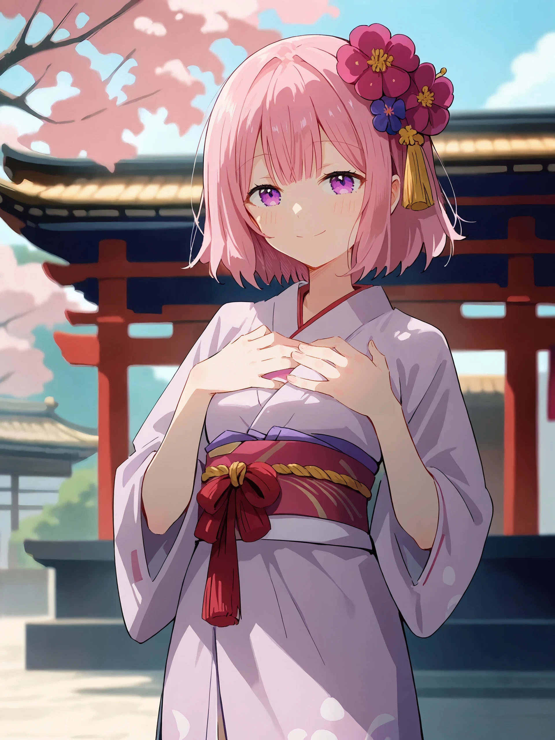 1girl, amaori renako, solo, purple eyes, kimono, hair flower, obi, sash, tabi, standing, cowboy shot, hands on own chest, light smile, east asian architecture, outdoors, blurry background, masterpiece  <lora:Char-Amaori_Renako-V1-pony:0.9>, score_9, score_8_up, score_7_up, source_anime, anipai_style, anime screencap, anime coloring,  <lora:style-Anipai:0.3> <lora:style-asou:0.7>