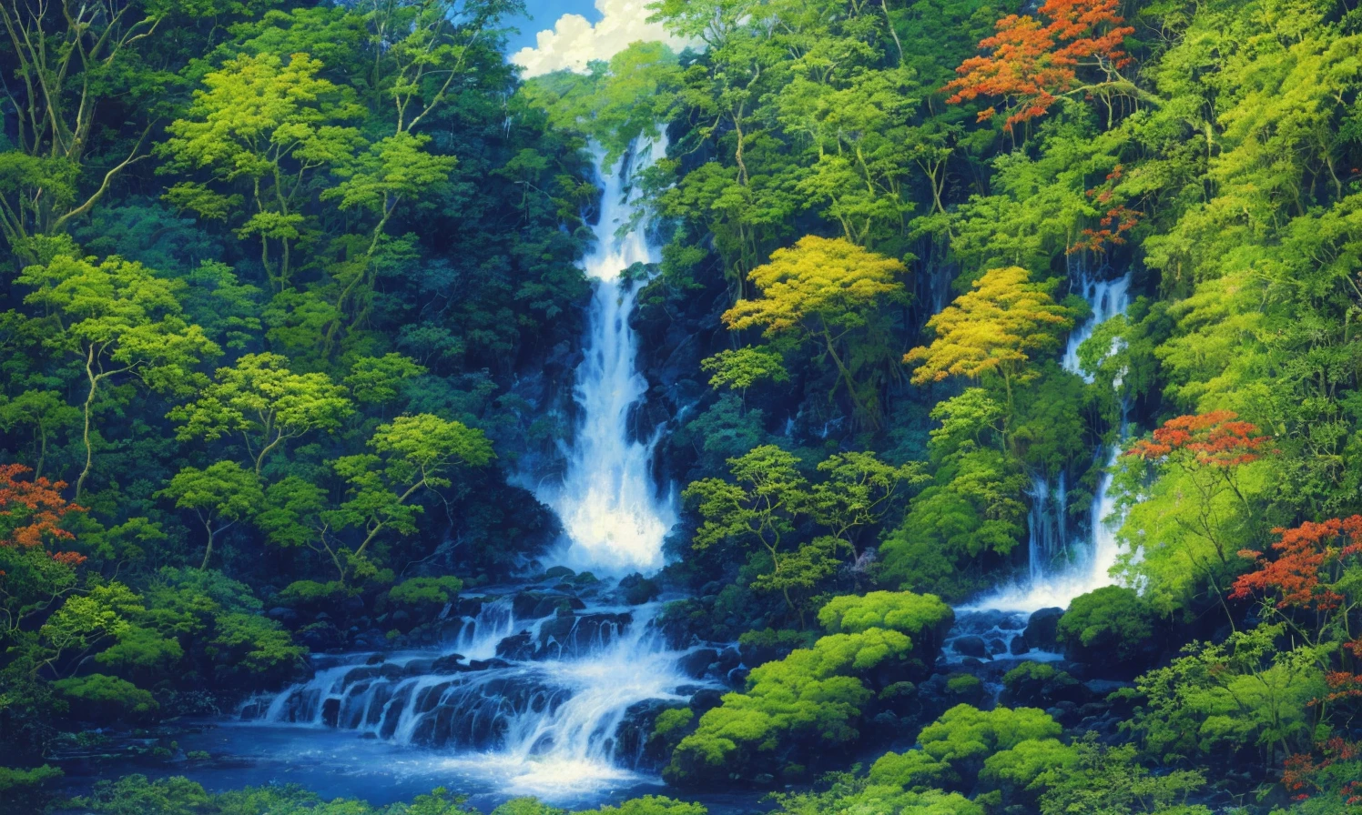 by Asher Brown Durand, <lora:HiroIsonoStyle:0.45>, hiroisonostyle, day, waterfall   , blue_sky,