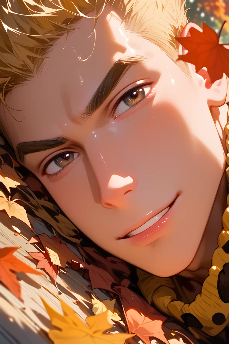 score_9, score_8_up, score_7_up, source_anime, rating_questionable, realistic shading, natural lighting, male focus, looking at viewer, expressive face, yasuocsc, blonde_yasuocsc_male hair, black_yasuocsc_eyes 1boy, intimatepov, parted lips, smiling, shiny skin, lying on side, autumn clothes, ascot, autumn leaf, large autumn leaf, water, close-up, dutch angle, dynamic angle, intricately detailed illustration, depth of field, atmospheric perspective