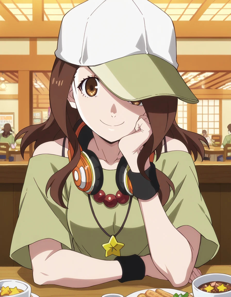 score_9, score_8_up, score_7_up, source_anime, <lora:izuko-gaen-offmonster-ponyxl-lora-nochekaiser:1>, izuko gaen, long hair, brown hair, brown eyes, medium breasts, anime screencap, shirt, hat, jewelry, pants, necklace, star (symbol), wristband, baseball cap, green shirt, headphones, headphones around neck,, megastructure, large, futuristic, building, complex, , <lora:pov-across-table-ponyxl-lora-nochekaiser:1> pov across table, pov dating, restaurant, table, meal, care, cup, head rest, smile, elbow on table, food, elbow rest,, looking at viewer, solo,, dutch angle, cowboy shot