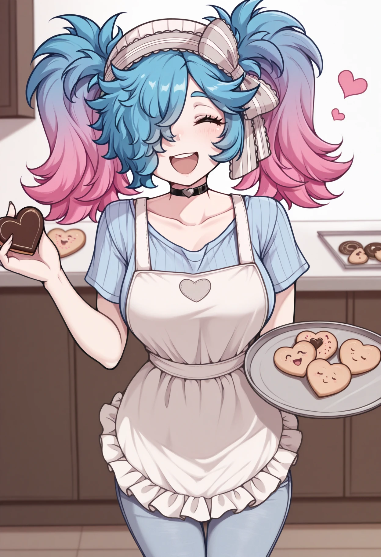 masterpiece, best quality, 1girl, solo, :d, closed eyes, holding tray, heart-shaped cookies, looking at viewer, <lora:PeriFE-illu:1> peri, gradient hair, blue hair, pink hair, twintails, hair over one eye, bonnet, striped hair bow, blue t-shirt, black choker, collarbone, white apron, jeans, kitchen