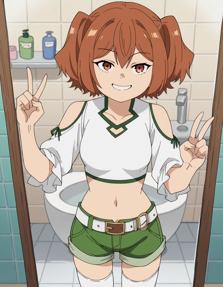 score_9, score_8_up, score_7_up, source_anime, <lora:kanne-s1-ponyxl-lora-nochekaiser:1>, kanne, short hair, brown hair, twintails, brown eyes, medium breasts, anime screencap, shirt, thighhighs, navel, bare shoulders, white shirt, short sleeves, midriff, belt, white thighhighs, crop top, short shorts, clothing cutout, shoulder cutout, green shorts,, bathroom, tiles, mirror, sink, toiletries, smile, v, v over mouth, smug,, looking at viewer, solo,, dutch angle, cowboy shot