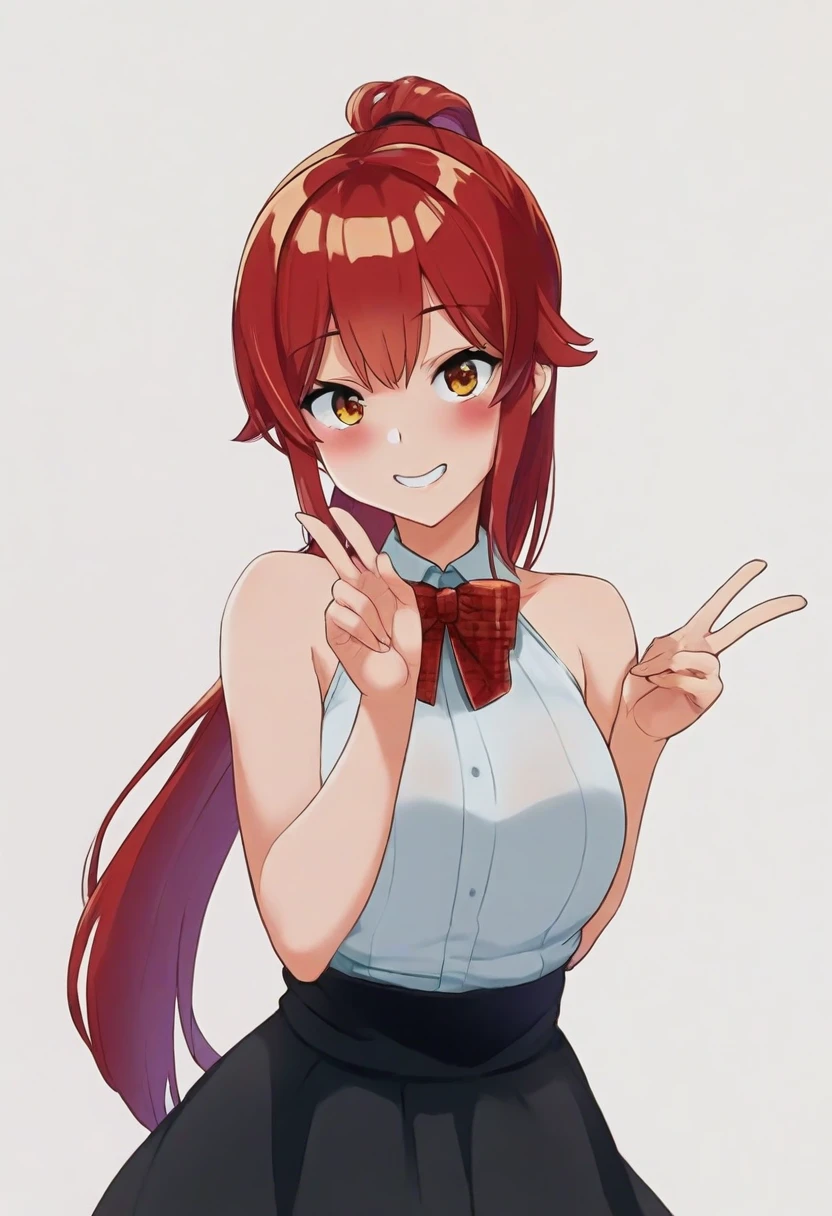 1girl,v, solo, red hair, white background,, long hair, sleeveless, looking at viewer, blush, ponytail, bow, shirt, bare shoulders, smile, cowboy_shot, black_skirt,