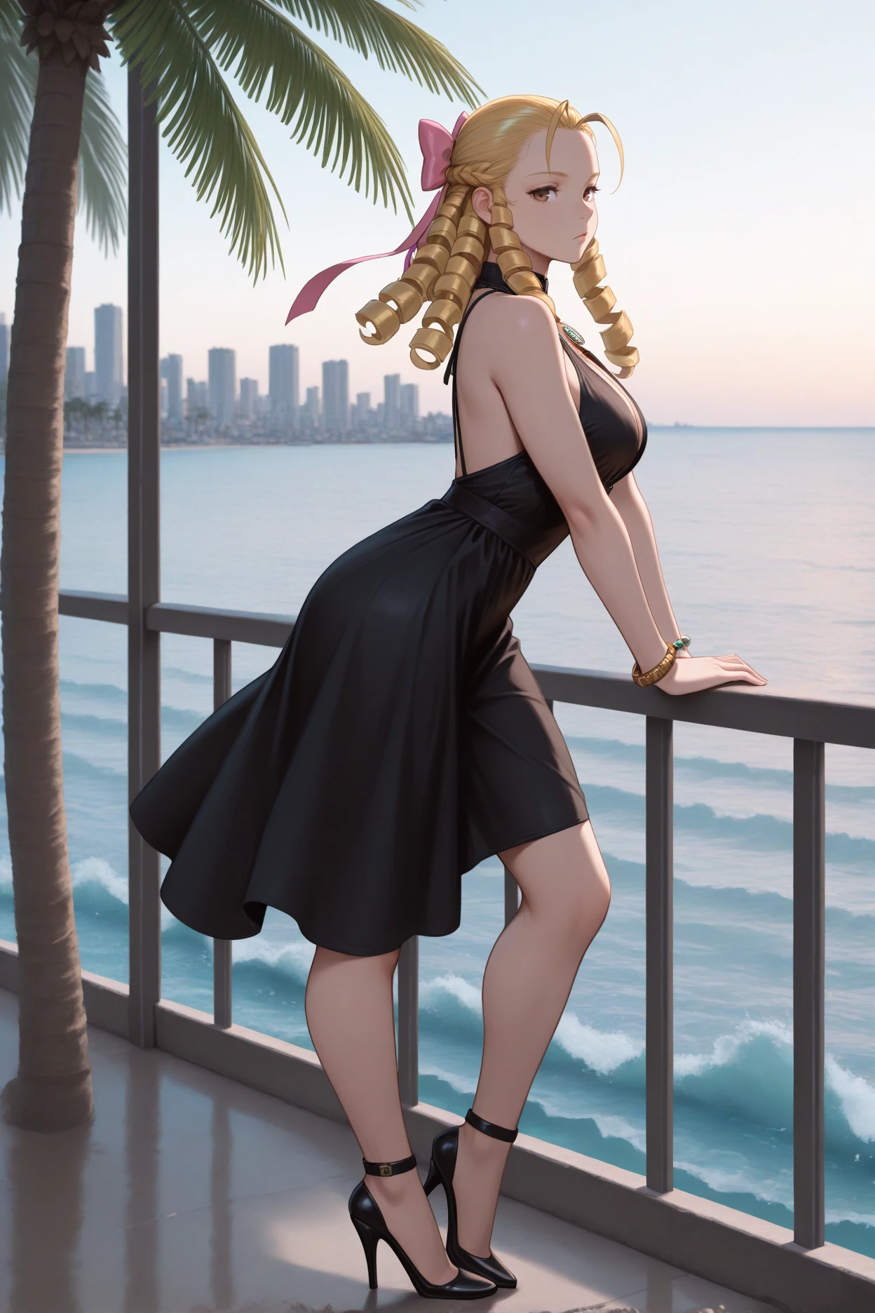 masterpiece, best quality, 1girl, solo, <lora:kanzukikarin-illu-nvwls-v1-000005:1> sfkrn, blonde hair, ringlets, hair pulled back, antenna hair, brown eyes, hair bow, pink bow, pendant, black dress, sleeveless dress, bracelet, from side, palm tree, ocean, seaside, city, looking at viewer, high heels, full body, legs, bored