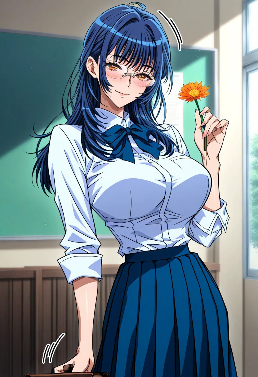 masterpiece, best quality, newest, highres, uncensored, 1girl, yokota mamoru style,1girl, slender face，motion lines,torogao,looking at the viewer,seductive smile,blush
Takeda Yukie,Blue Hair,Long Hair,Big Breasts,Amber Eyes,Slim,Slender Face,
Be happy and hold flowers,gate of school，school uniform，1girl，solo,Takeda Yukie,Blue Hair,Long Hair,Big Breasts,Amber Eyes,Slim,Slender Face，wearing eye Glasses