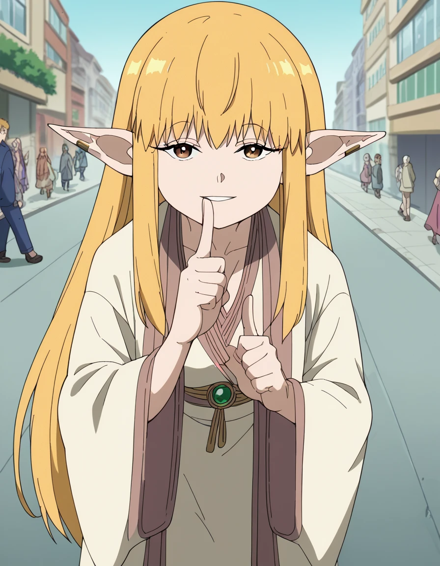 score_9, score_8_up, score_7_up, source_anime, <lora:serie-s1-ponyxl-lora-nochekaiser:1>, serie, long hair, bangs, blonde hair, brown eyes, pointy ears, elf, anime screencap, jewelry, wide sleeves, robe,, sidewalk, pedestrians, city, street, walking, smile, <lora:finger-to-cheek-ponyxl-lora-nochekaiser:1>, finger to cheek, index finger raised, pointing at self, bedroom, parted lips, leaning forward, bent over, cowboy shot, dutch angle,, looking at viewer, solo,, dutch angle, cowboy shot