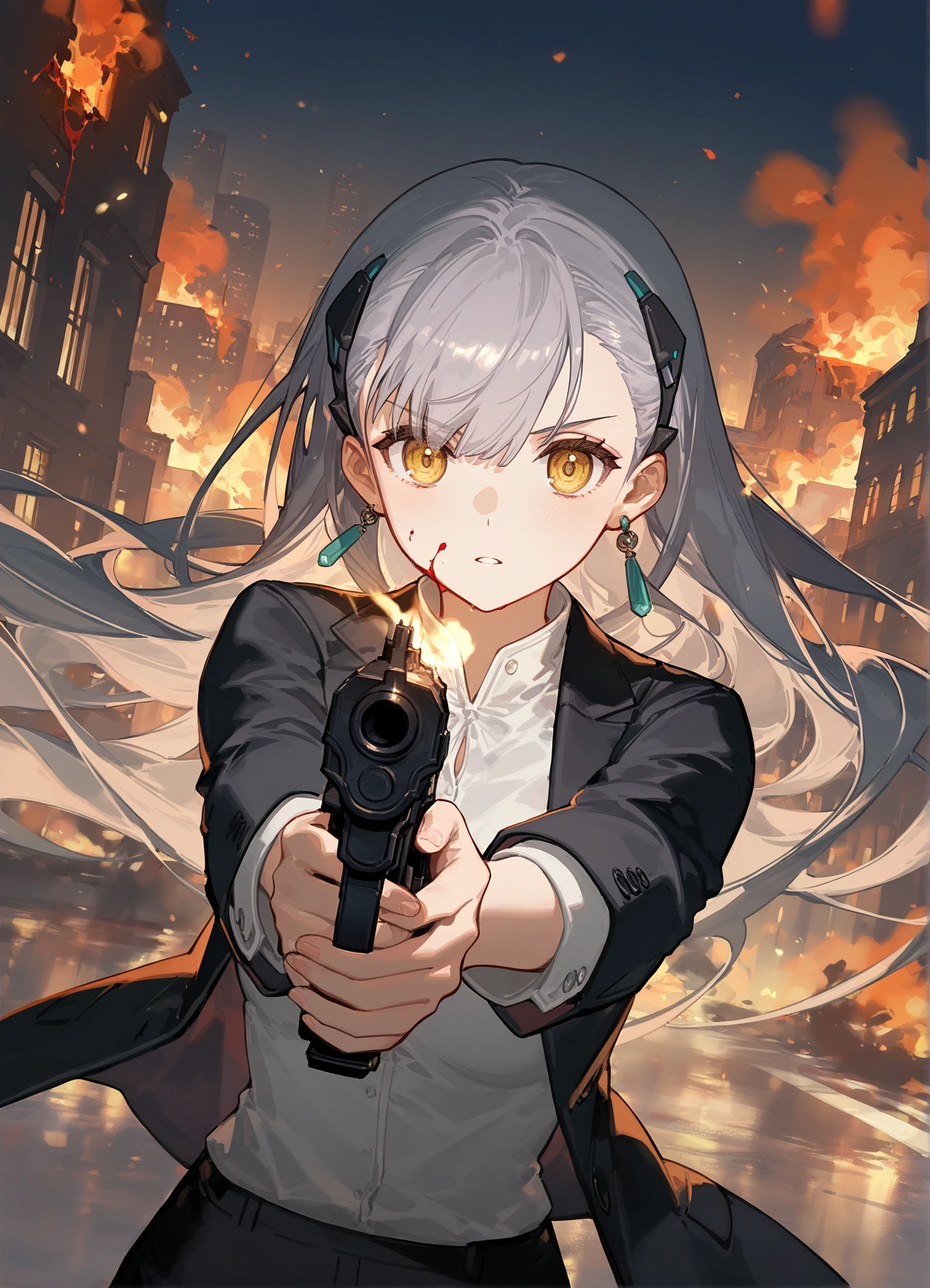 (ask \(askzy\):0.6),(ciloranko:0.6),(G Yuusuke:0.5),(H2SO4:0.5),
masterpiece,best quality,newest,very aesthetic,detailed background,outdoors,night,city,burning buildings,
1girl,mature_female,solo,adult,upper body,holding gun,Shooting,firing at viewer,blood,face is covered in blood,
<lora:Girls Frontline 2 Tololo_il:0.8>,pant suit,white shirt,
tll_def,yellow eyes,grey hair,long hair,hairband,earrings,