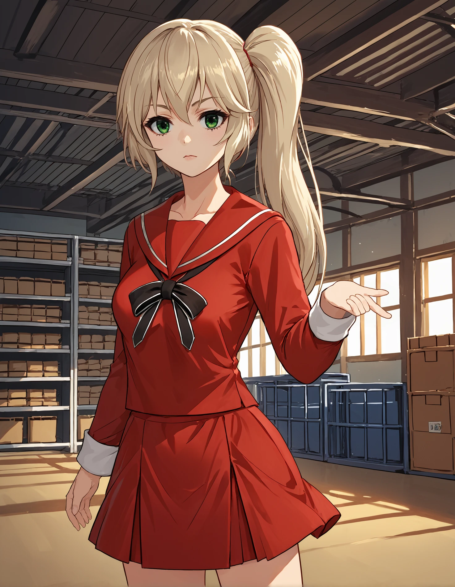 score_9, score_8_up, source_anime, 1girl, cowboy shot, detailed, dutch angle, pmmmorikomikuni, blonde hair, side ponytail, green eyes, red shirt, red sailor collar, long sleeves, red skirt, black bowtie, dynamic pose, hand up, warehouse, evening, (side view:0.75), <lora:pmmmorikomikuni_XL:0.9>