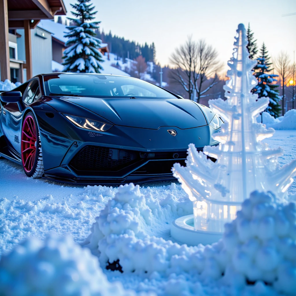 A gleaming Lamborghini majestically situated amidst a winter wonderland, snow-covered trees gently swaying in the background. The car's tires slightly powdered, delicate snow crystals suspended around it as if frozen in time. In the foreground, an intricate ice sculpture takes center stage, frosty beauty glistening under soft, blue-tinged light of a winter sunset.