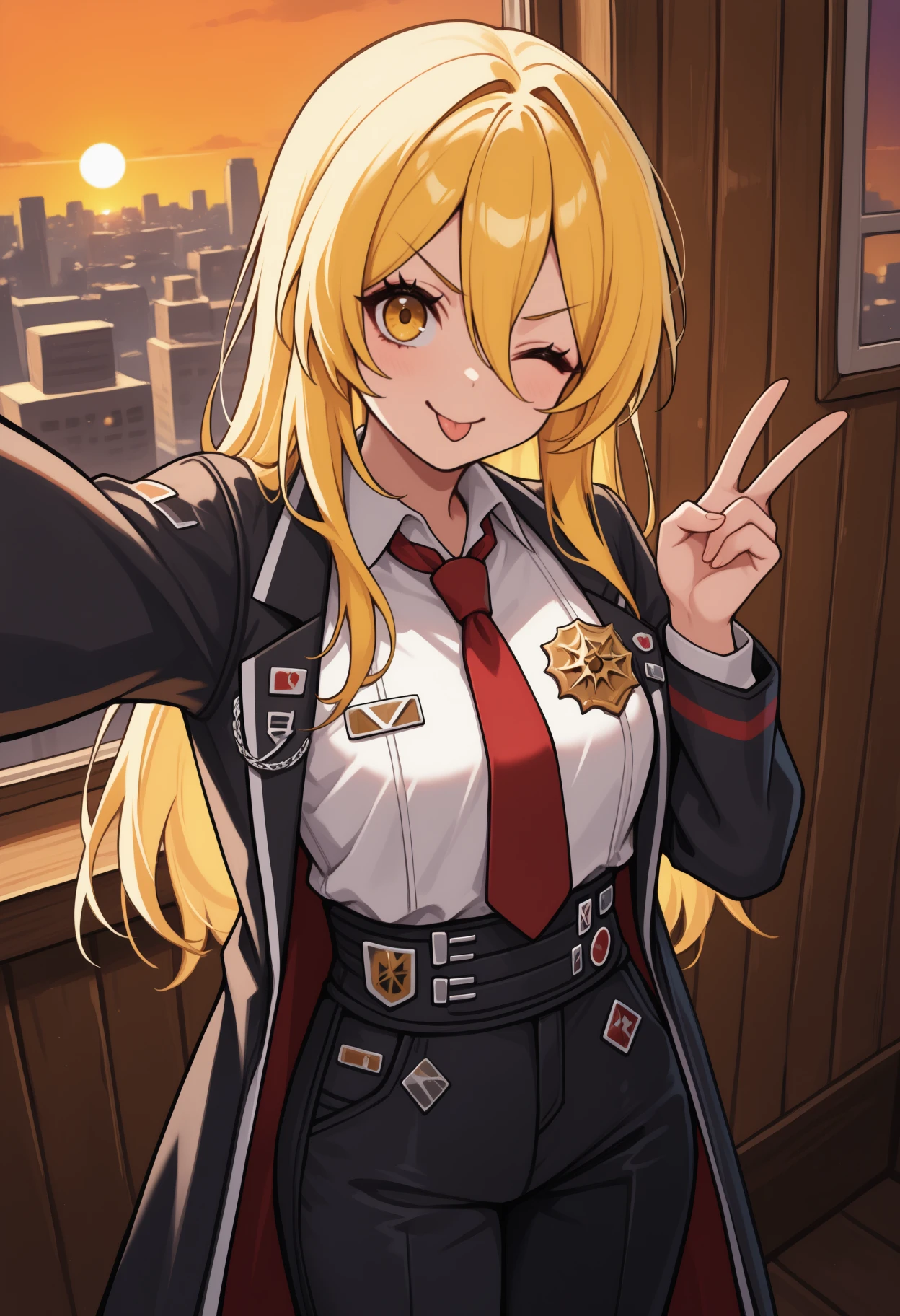 masterpiece, best quality, solo, 1girl, d0nquix0tedef, smile, :p, looking at viewer, standing, selfie, v, long hair, blonde hair, hair between eyes, yellow eyes, one eye closed, v-shaped eyebrows, black coat, open coat, badge, long sleeves, white shirt, collared shirt, red necktie, black pants, high-waist pants, indoors, sunset, wooden wall, window, cityscape
<segment:yolo-Anzhc Face seg 640 v2 y8n.pt,0.4,0.5//cid=1>