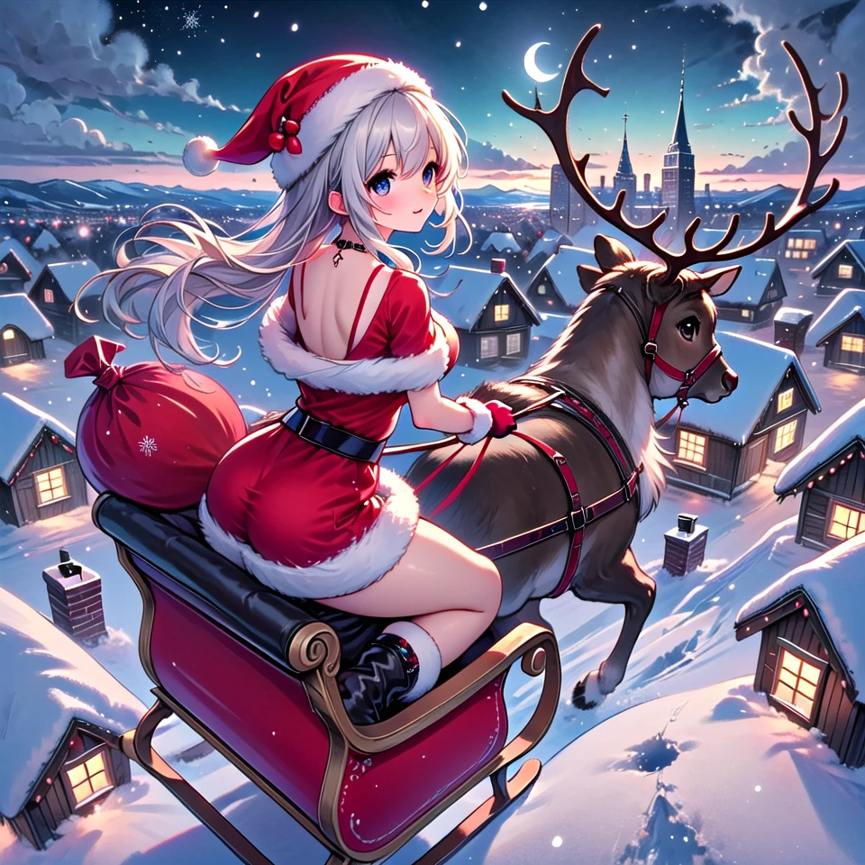 ((riding reindeer sleigh flying in the sky)), solo, 1girl, floating hair, fur trim, red dress, santa hat, santa costume, cleavage, breasts, thighhighs, gloves, reins, wind, night, snowing, horizon, skyline, cityscape, christmas, night sky, chimney rooftop, nordic architecture, (((from behind))), <lora:girllikereindeersleigh:0.8>