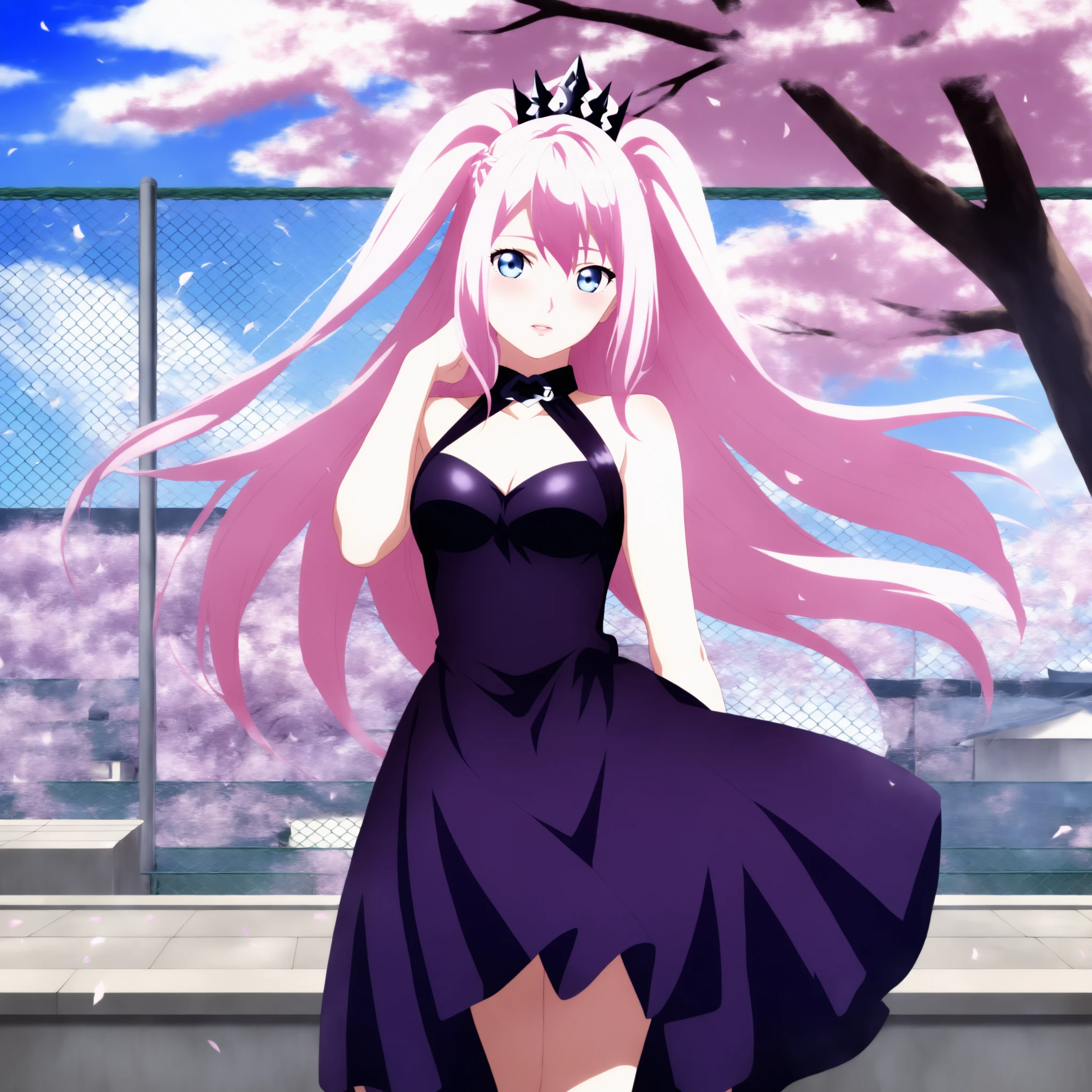 masterpiece,best quality, 1girl, solo, two side up, 15_Shionne_01B, shionne 01b, pale skin, (long hair),pink hair, (blue eyes),medium breast size,1girl black dress, dress, solo,dress, bare shoulders, sleeveless, sleeveless dress, black crown, purple dress , looking up, hand on the chin, rooftop,chain-link fence,  wind,  floating hair, standing,  thinking, very beautiful, so attractive, high detail background, cherry blossom trees,  <lora:Shionne_Black_Dress-000014:0.9>