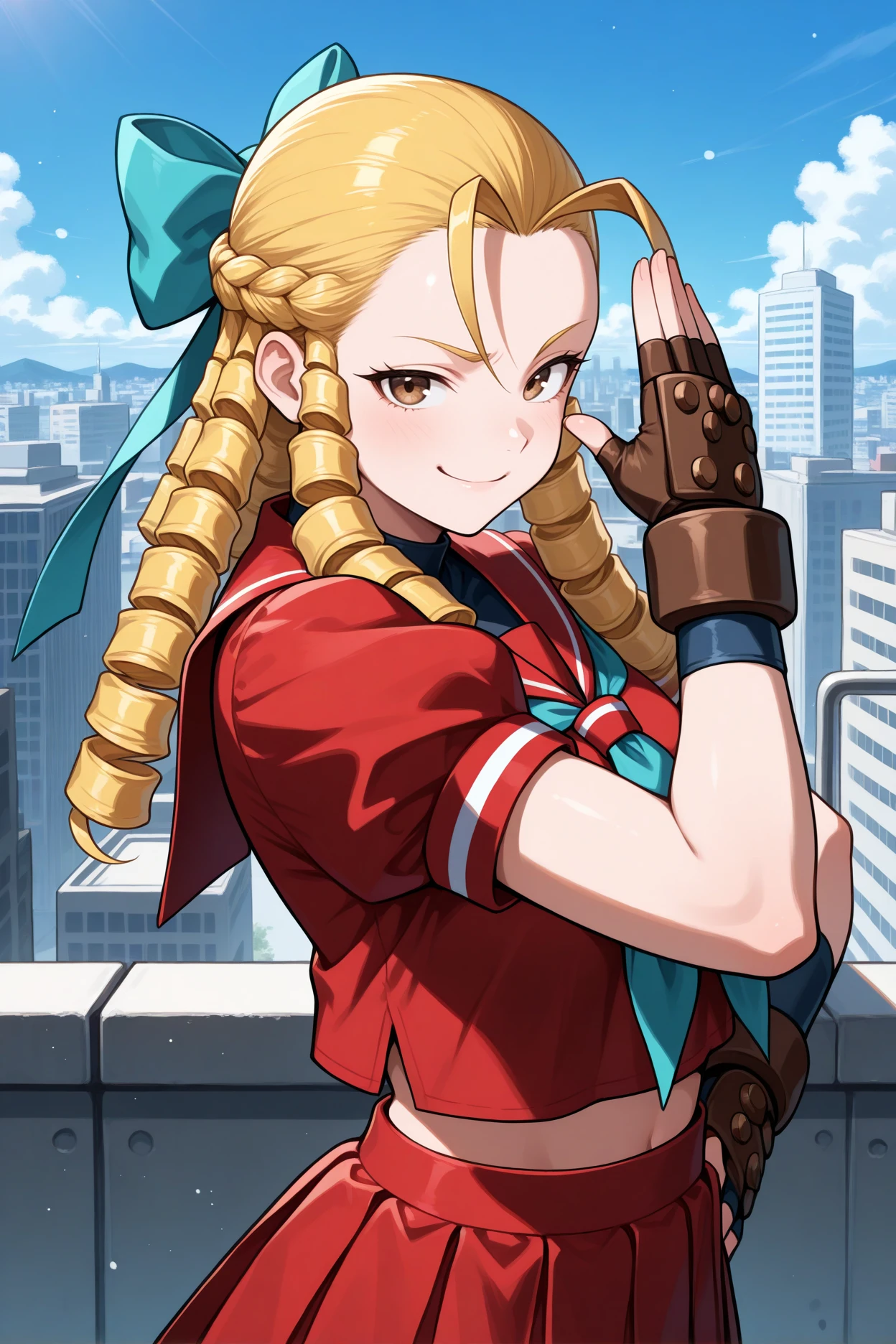 masterpiece, best quality, 1girl, solo,  <lora:kanzukikarin-illu-nvwls-v1-000005:1> sfkrn, blonde hair, hair pulled back, ringlets, antenna hair, brown eyes, hair bow, aqua bow, red sailor collar, red shirt, blue neckerchief, midriff, puffy short sleeves, brown gloves, fingerless gloves, pleated skirt, red skirt, bike shorts under skirt, smug, ojou-sama pose, looking at viewer, city, blue sky, upper body