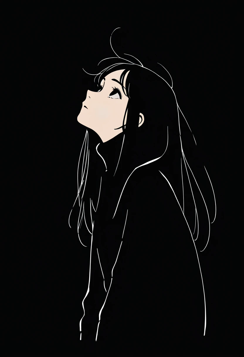 masterpiece, 
1girl, black background, flat color, looking up, black eyes, black hair, long hair, sweater
 <lora:NoctFlatStyleIllustriousV0.6:1>