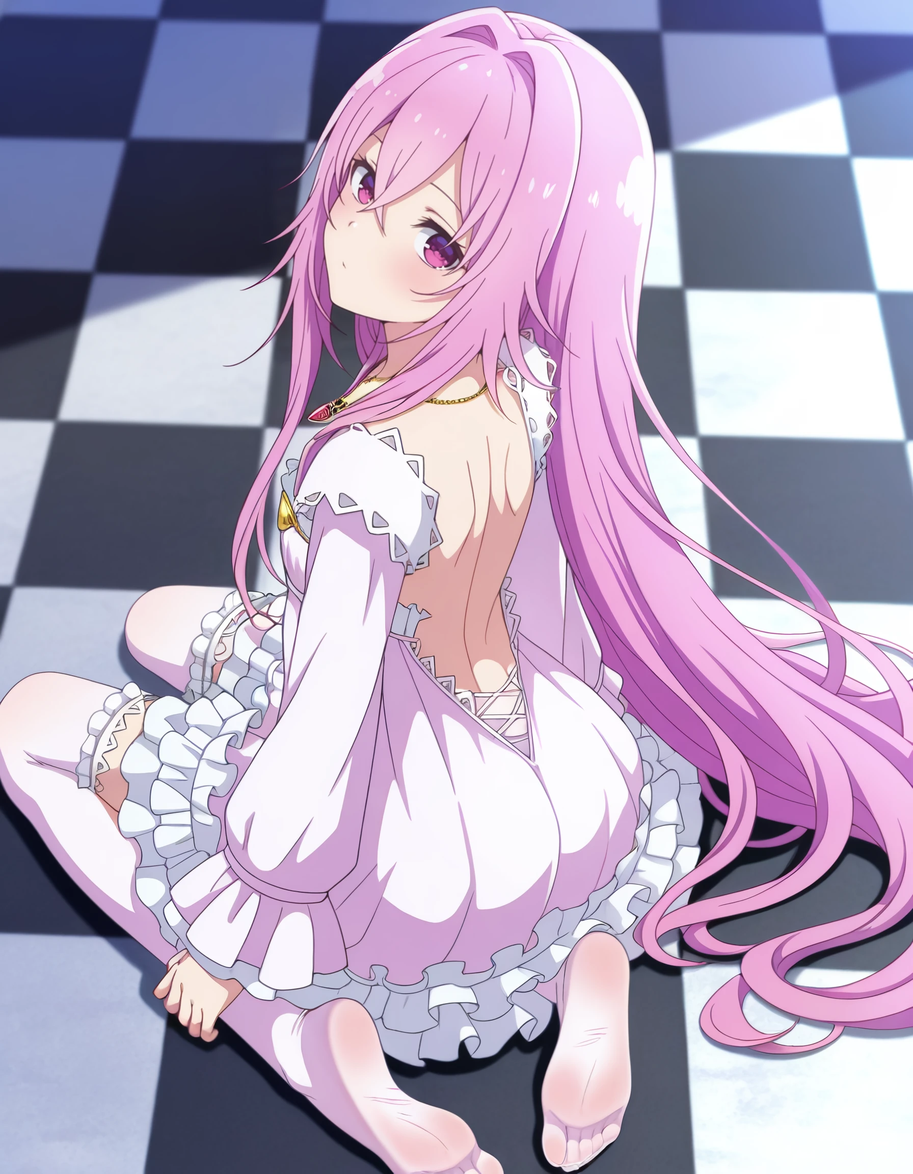 masterpiece, best quality, amazing quality, <lora:seirei_gensouki_-_aishia_il:1> aishia, very_long_hair,  pink_hair, hair_between_eyes, hair_intakes, purple_eyes,  pink_eyes, frilled_dress, long_sleeves, frills, by_nekoi_(nekoi_0116), flat_chest, jewelry, toes, 1girl, feet, thighhighs, necklace, backless_outfit, soles, looking_back, solo, looking_at_viewer, checkered_floor, rice_paddy