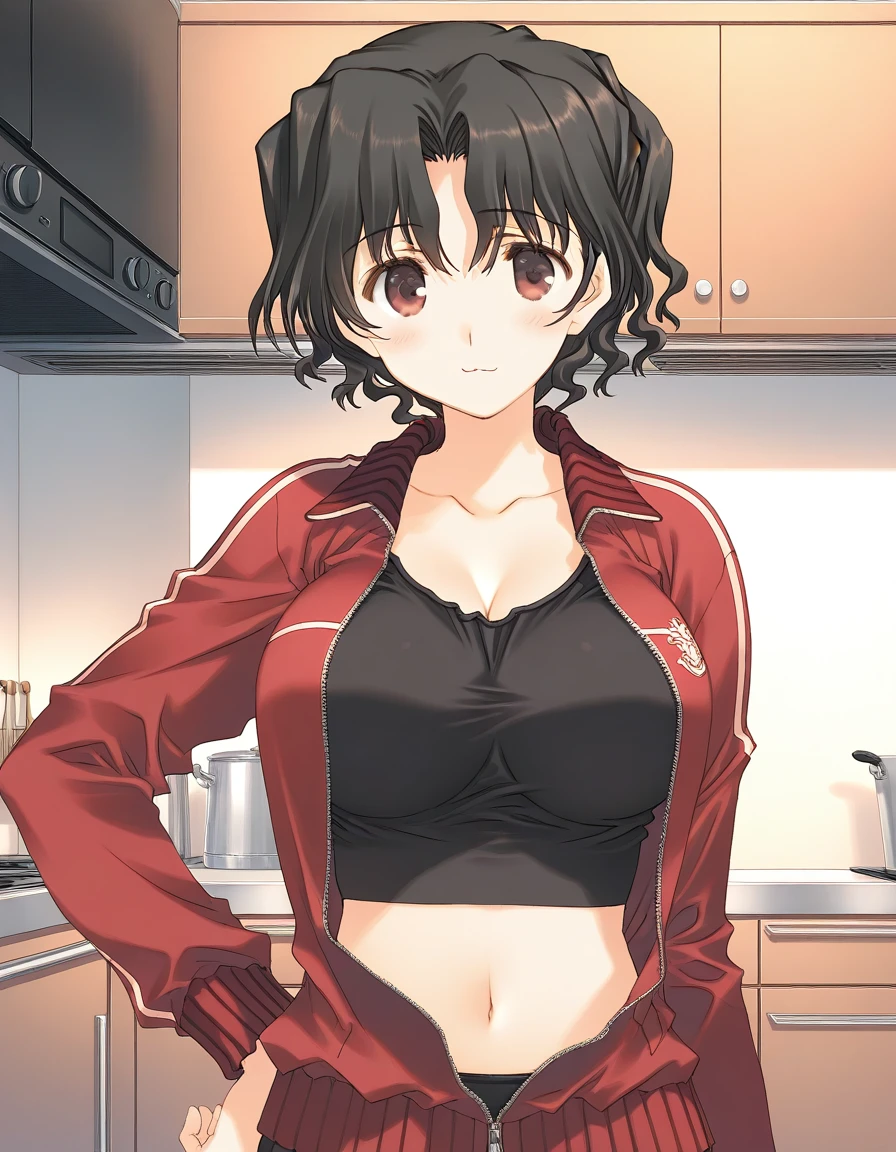 general,highres, ultra-detailed,very aesthetic,best quality ,best hands, BREAK <lora:Yuzuhara_Haruka_IS:1>Yuzuhara_Haruka, 1girl,solo, short hair, black hair, brown eyes, wavy hair, large breasts, mitsumi misato style,
track jacket, red jacket, cleavage, midriff, hand on hip, mature female, smile, navel, crop top, open clothes, kitchen, light smile, indoors, blush, looking at viewer, open jacket, unzipped, long sleeves, upper body, medium breasts, :3, zipper, collarbone, red eyes