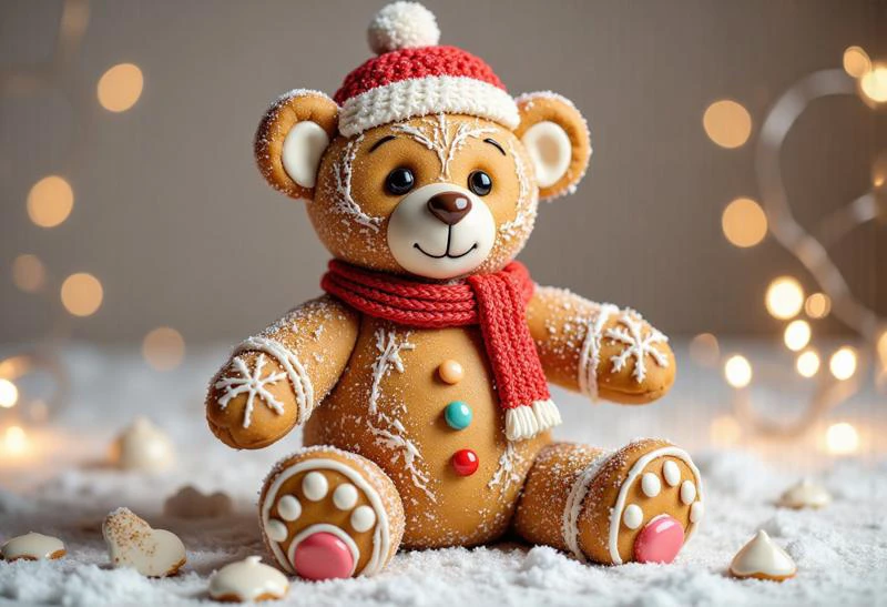 Teddy bear has a characteristic plush shape, with a rounded head, short paws and large ears. His body should be small to match the size of a gingerbread cookie. 