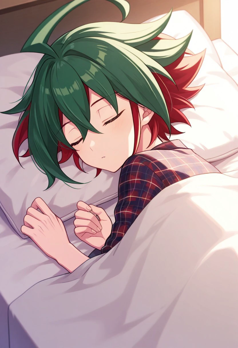 masterpiece, best quality, 
yuya, 1boy, male focus, solo, closed eyes, multicolored hair, two-tone hair, green hair, red hair, ahoge, hair between eyes, spiked hair, bangs,  pajama, plaid pajama, sheets, sleeping,
indoor, bed,