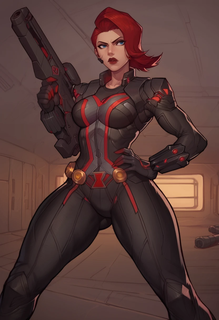 score_9, score_8_up, score_7_up, score_6_up, expressiveh, blackwidow_rivals, 1girl, solo, cowboy shot, red hair, asymmetrical hair, headset microphone, eyeliner, blue eyes, red lips, bodysuit, black bodysuit, gloves, black gloves, forearm guns, high heels, black clothes, red details, red glow, baton_(weapon), holding weapon, sniper rifle, holding sniper rifle, huge weapon, posing, hand on hips, space station background, indoors, dynamic angle, dynamic pose, shield helicarrier <lora:AsuraLycoXL:1> <lora:Black_Widow_Marvel_Rivals_-_PonyXL:0.6>