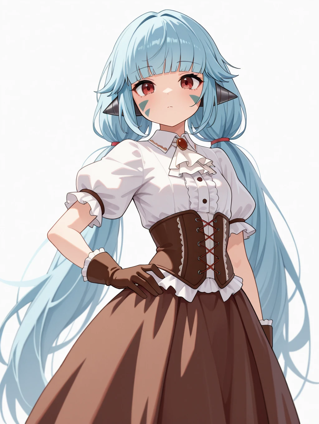 aa72, 1girl, solo, long hair, looking at viewer, skirt, simple background, shirt, red eyes, gloves, white background, twintails, very long hair, closed mouth, blue hair, white shirt, short sleeves, puffy sleeves, blunt bangs, puffy short sleeves, hand on hip, ascot, corset, brown gloves, brown skirt, white ascot


masterpiece, best quality,amazing quality, very aesthetic, absurdres, depth of field, blurry background, extremely detailed face, detailed eyes