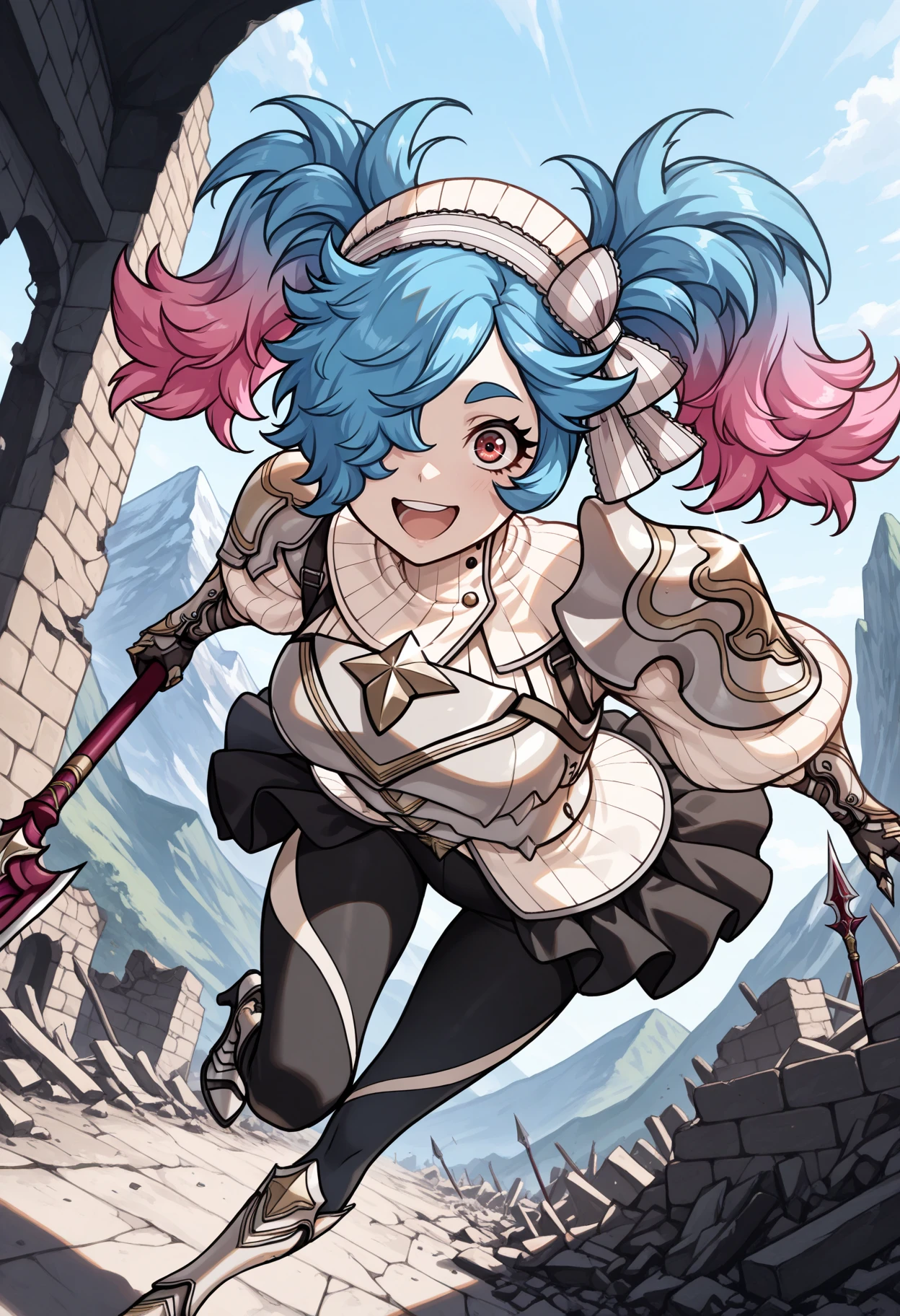 masterpiece, best quality, 1girl, looking at viewer, incoming attack, running, laughing, upper teeth only, holding polearm, spear, foreshortening, glint, <lora:PeriFE-illu:1> peri, gradient hair, blue hair, pink hair, twintails, hair over one eye, red eyes, bonnet, striped hair bow, turtleneck, breastplate, shoulder armor, puffy sleeves, gauntlets, black skirt, miniskirt, black pants, yoga pants, ankle boots, armored boots, high heel boots, ruins, brick, mountain