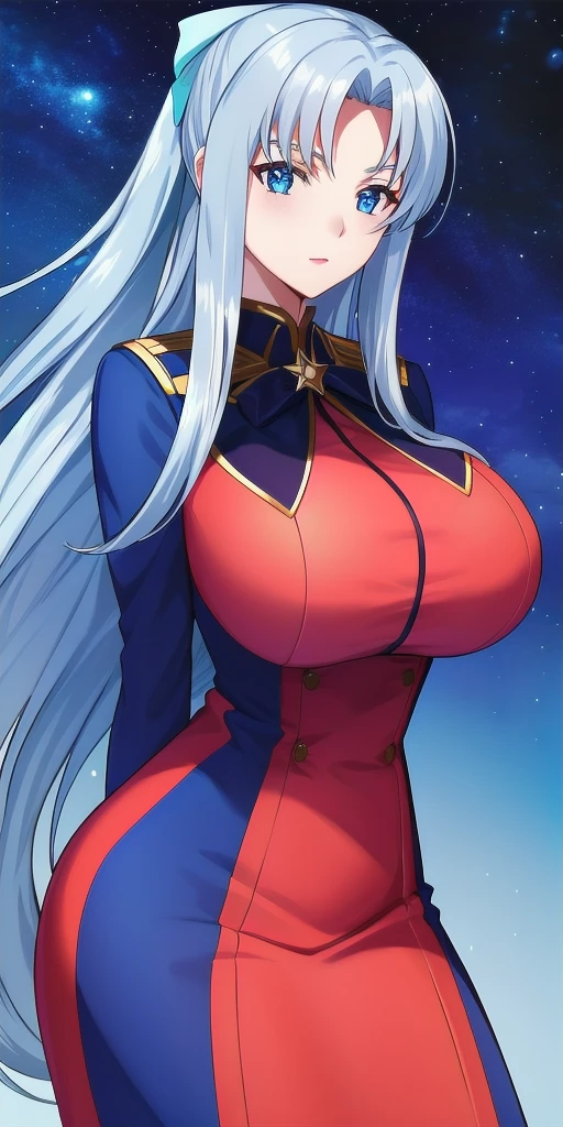 <lora:SyliaV7:0.7> sylia_stingray, huge_breasts, standing, solo, starry_sky, arms_behind_back, hair_bow,, masterpiece, best_quality, detailed_face, detailed_eyes, highres, beautiful, detailed, absurdres,