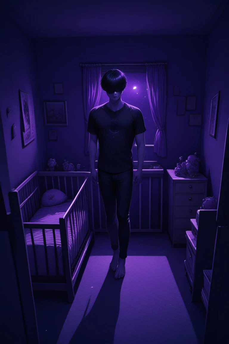 score_9, score_8_up, score_7_up, source_anime, rating_safe, realistic shading, dim lighting, dark environment, night, horror (theme), purple theme, male focus, black hair, covered eyes, 1boy, full body, standing, shirt, pants, barefoot, nursery room focus, danr, 1stclutter, crib, negative space, dutch angle, dynamic angle, intricately detailed illustration, depth of field, atmospheric perspective, masterpiece, best quality, amazing quality, very aesthetic, absurdres, newest