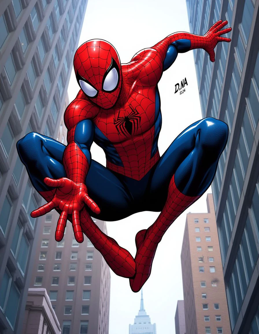 Digital comic book illustration by David Nakayama. Spider-Man swinging through New York City. The image includes an artist signature "D.NA" and date "10.24".. High quality alternative cover that demonstrates the artist's skill and high-level aesthetic taste. <lora:David_Nakayama_Style:0.9>