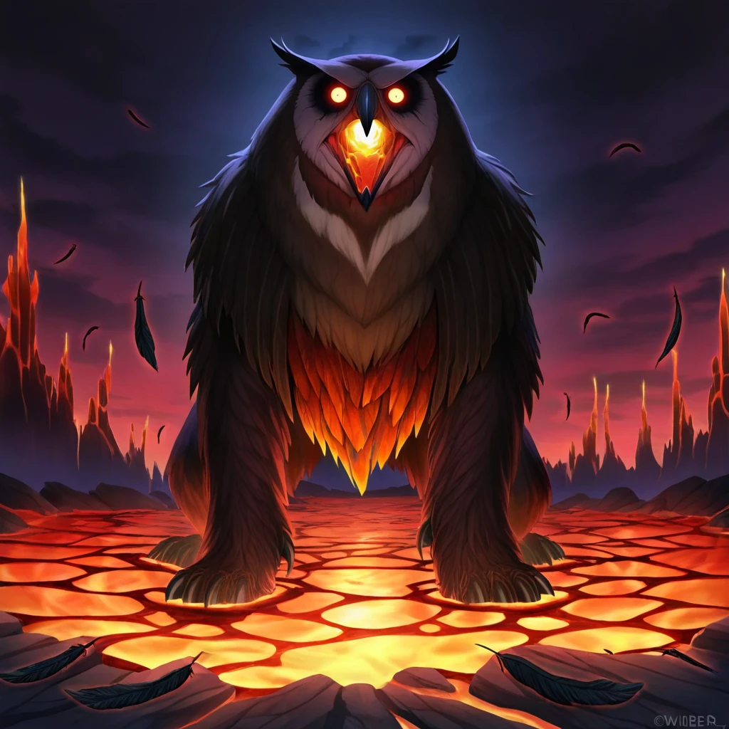 Horror-themed  <lora:Owlbears-illustrious:1> owlbr, anime artwork, ultra detailed textures, masterpiece, ultra defined colors, 8k, cinematic, owlbear creature, singed blackened fur, molten cracks in feathers glowing red, volcanic crater with flowing lava, thick ash in the air, fiery orange and red lighting, heat distortion, wide-angle shot, imposing pose, intense fantasy atmosphere, cinematic framing . Eerie, unsettling, dark, spooky, suspenseful, grim, highly detailed