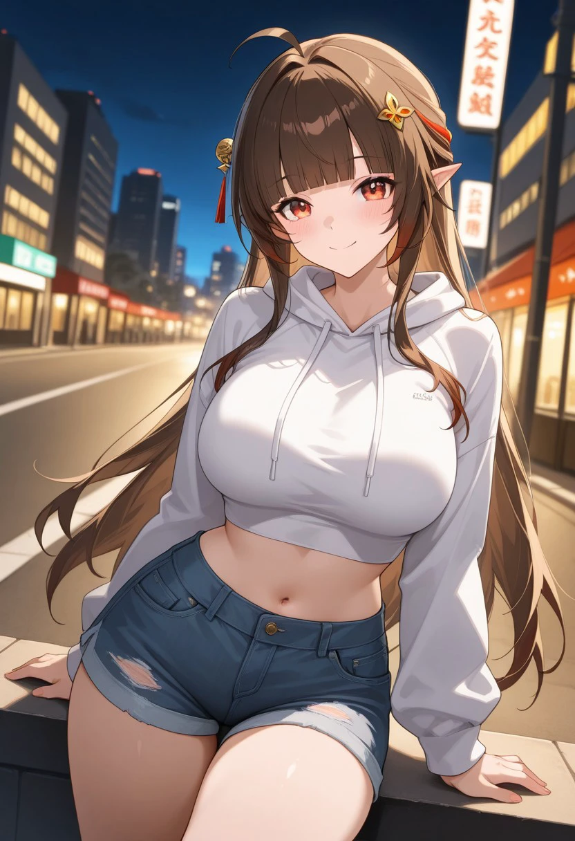 best quality, masterpiece, highres,
outside, look at viewer, volumetric_lighting, night, blurred background, city, street, tokyo, any pose, dutch angle, smiling, closed mouth, sit
cropped hoodie, denim shorts, 
alternate_costume,
LingshaHSR, 1girl, long hair, brown hair, ahoge, large breasts, hair ornament, red eyes, pointy ears, blunt bangs