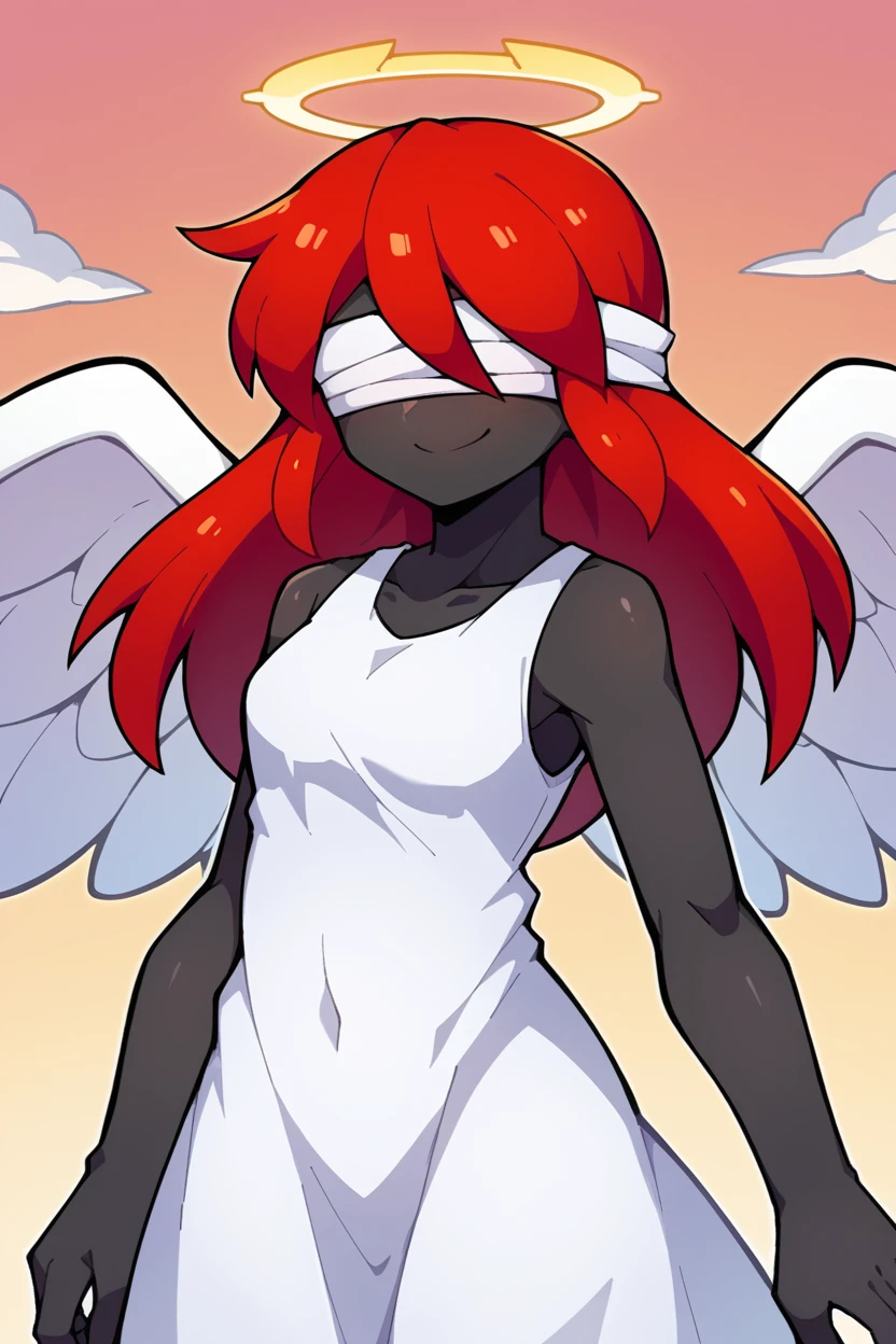 score_9, score_8_up, source_anime, BREAK 1girl, <lora:Lilith_-_Binding_of_Isaac:1.0>, l1lith, black skin, red hair, white dress, white blindfold, halo, heaven, sky, clouds, white wings, sfw, smile,