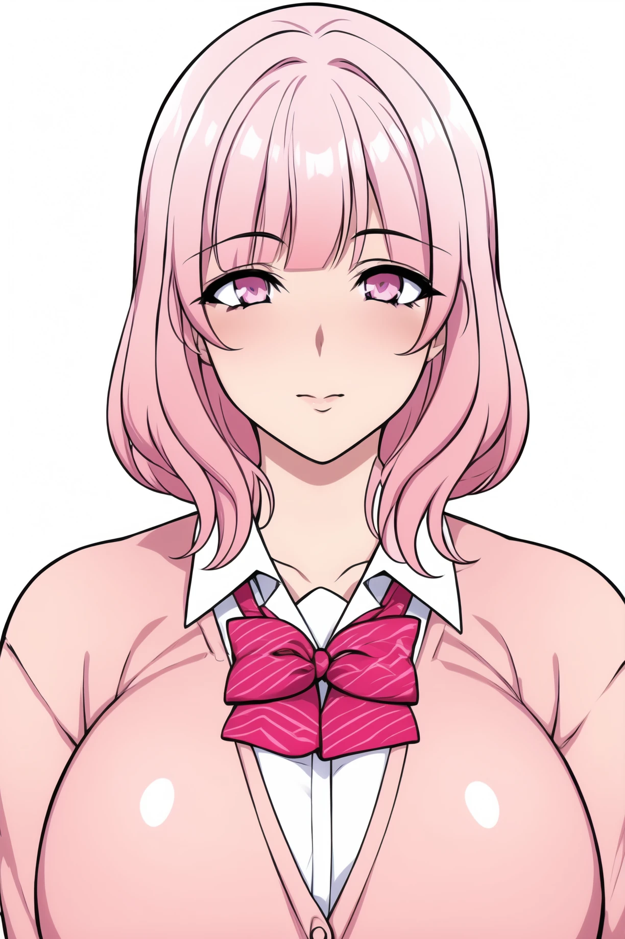 Simple Background,(White_Background:1.1),
dynamic pose,standing at attention,
school uniform, long sleeves, red bow, Pink cardigan,
<lora:Pink_short_AiueOkaWaon-KK77-V1:0.7>, Pink_short_AiueOkaWaon,
Pink eyes, Pink hair, bangs,Short hair,Makeup, red lipstick,
<lora:more_details:0.1>,<lora:NovelAI_YesMix5_KKStyle-KK77-Yes5-V1:0.3>,<lora:Oda_Non_Style2-KK77-Yes5-V1:0.3>,
1 girl, 20yo,Young female,Beautiful long legs,Beautiful body,
Beautiful Nose,Beautiful character design, perfect eyes, perfect face,expressive eyes,perfect balance,
looking at viewer,(Focus on her face),closed mouth, (innocent_big_eyes:1.0),(Light_Smile:0.3),
official art,extremely detailed CG unity 8k wallpaper, perfect lighting,Colorful, Bright_Front_face_Lighting,White skin,
(masterpiece:1.0),(best_quality:1.0), ultra high res,4K,ultra-detailed,
photography, 8K, HDR, highres, absurdres:1.2, Kodak portra 400, film grain, blurry background, bokeh:1.2, lens flare, (vibrant_color:1.2),professional photograph,
(Beautiful,large_Breasts:1.4), (beautiful_face:1.5),(narrow_waist),