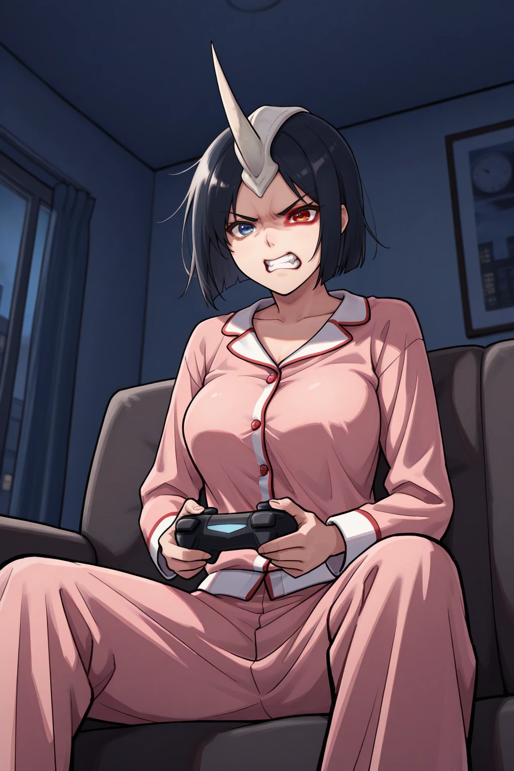 masterpiece, best quality, angry, furious, 1girl, 3m1l0u, heterochromia, blue eyes, red eyes, black hair, short hair, medium breasts, single horn, pajamas, holding controller, playing games, sitting, on couch, indoors, apartment, dark room, <lora:Hoseki_Bleach_EmilouApacci_IllustriousXL_v1:1>