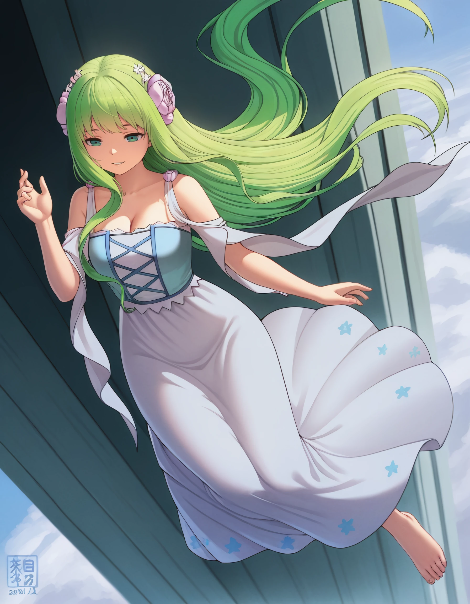 masterpiece, best quality, amazing quality,  <lora:seirei_gensouki_-_dryas_il:1> dryas, long_hair, green_hair, hair_ornament, hair_flower, green_eyes, blue_eyes, dress, by_lao_xi, solo, parted_lips, floating, breasts, cleavage, smile, toes, bare_shoulders, 1girl, hand_up, flower, Other