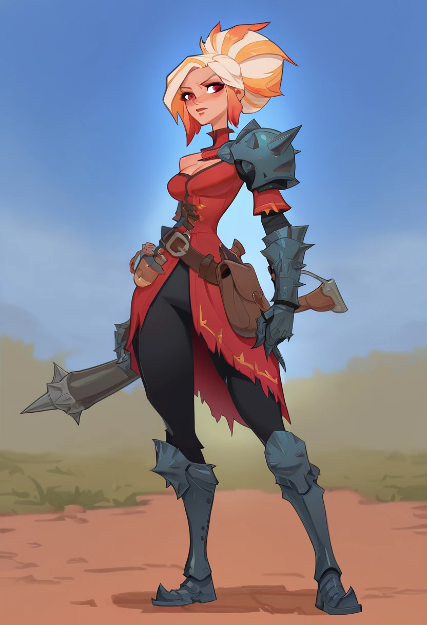 <lora:Mobile_Game_Collection_-_Mad_Tale_Style:1> madtalestyle, woman, fantasy settings, masterpiece, best quality, newest, absurdres, highres, rpg hero, berserker, 1girl, red eyes, Blonde highlights hair